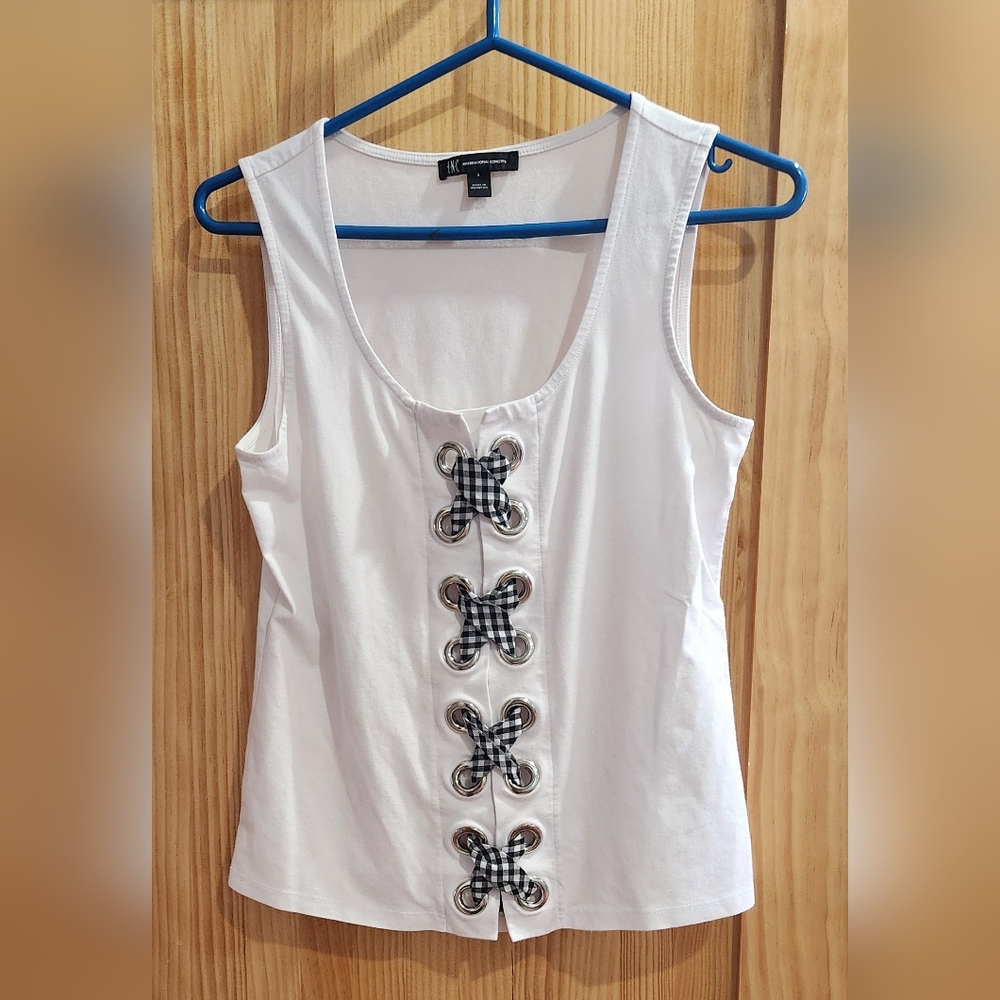 INC International Concepts White Tank Top with Black Accents